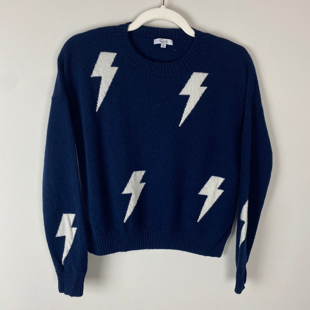 Rails Presley Navy White Lightning Bolt Sweater Womens XS Wool Cashmere Graphic
